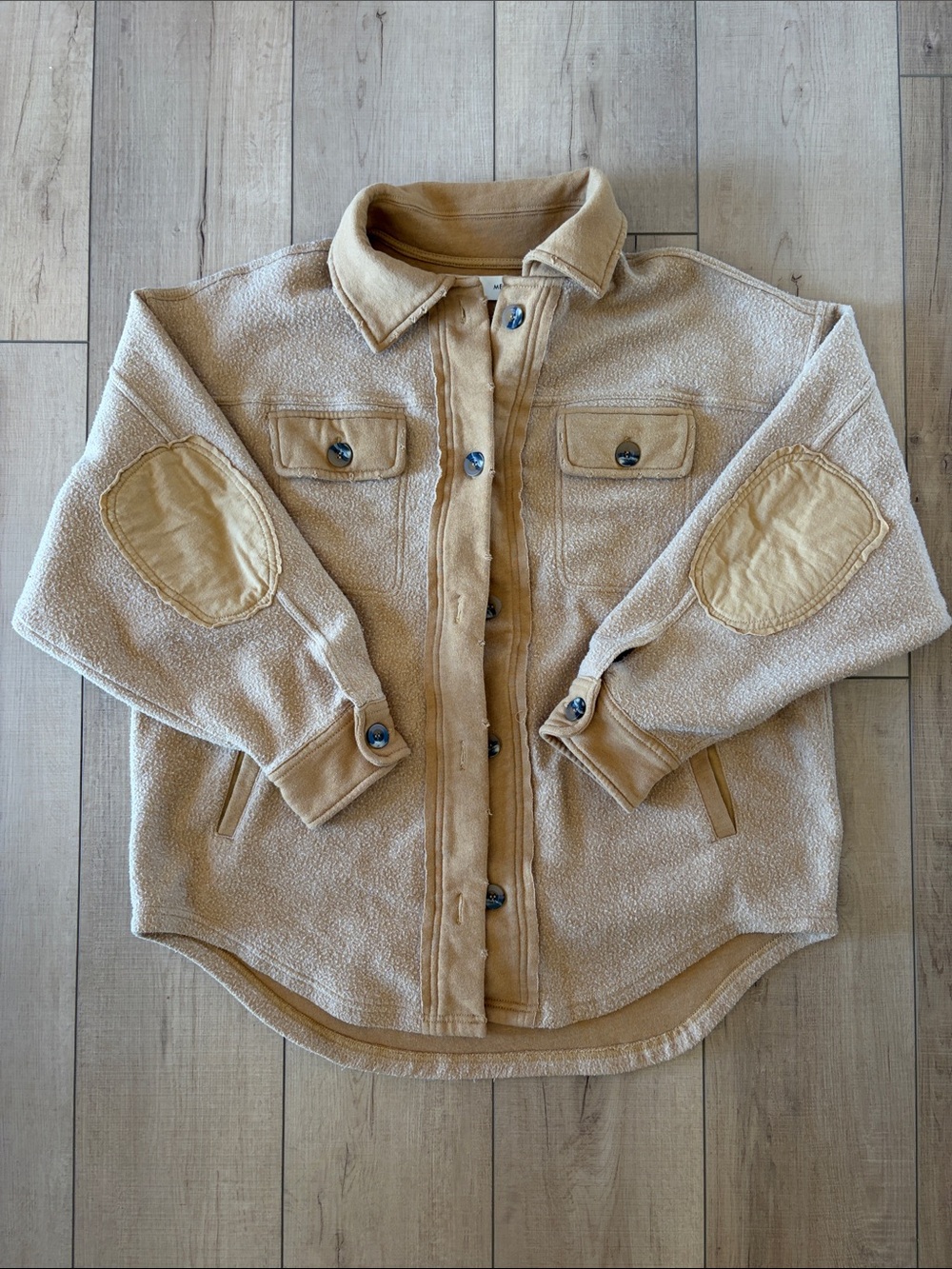 BKE Tan Sherpa Shacket with Contrast Elbow Patches